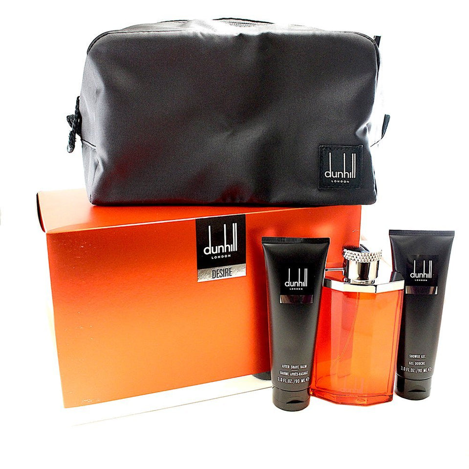 Alfred Dunhill Desire Eau de Toilette Spray, Aftershave Balm, Shower Gel and Toiletry Bag for Men, 3.4 Fl. Oz, 4 Pieces